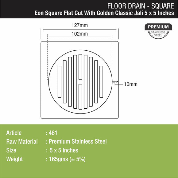 Eon Square Flat Cut Floor Drain with Golden Classic Jali (5 x 5 Inches) - LIPKA - Lipka Home
