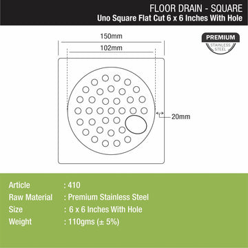 UNO Square Flat Cut Floor Drain (6 x 6 Inches) with Hole - LIPKA - Lipka Home