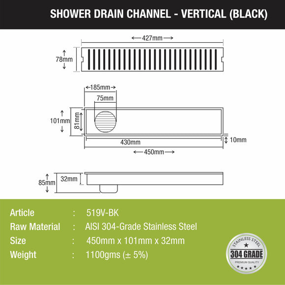 Vertical Shower Drain Channel - Black (18 x 4 Inches) - LIPKA - Lipka Home