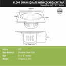 Pop-up Square Floor Drain (5.5 x 5.5 Inches) with Cockroach Trap - LIPKA - Lipka Home