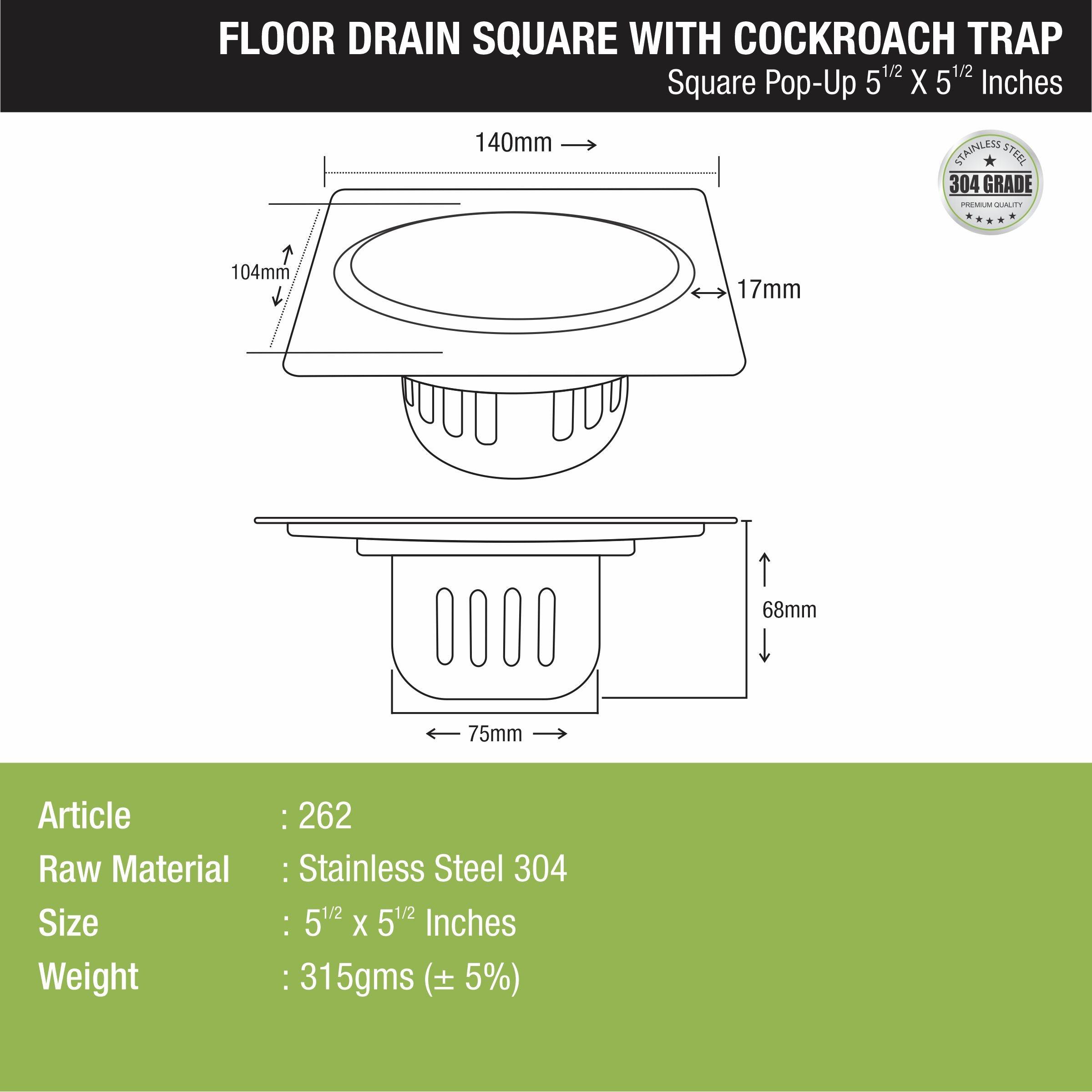 Pop-up Square Floor Drain (5.5 x 5.5 Inches) with Cockroach Trap - LIPKA - Lipka Home