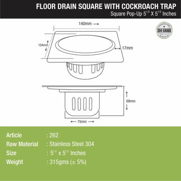 Pop-up Square Floor Drain (5.5 x 5.5 Inches) with Cockroach Trap - LIPKA - Lipka Home