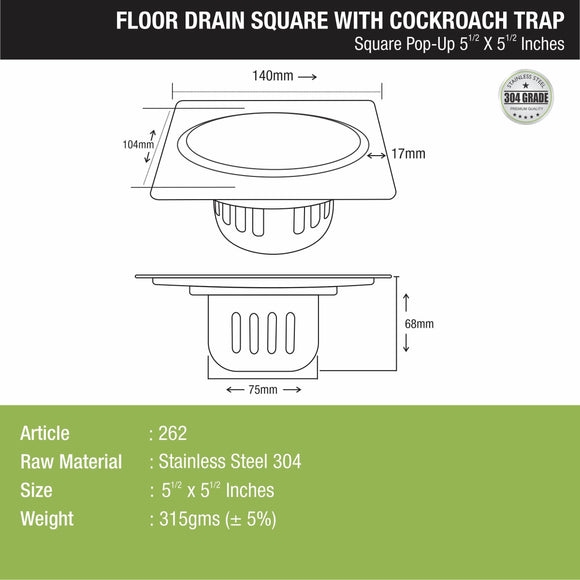 Pop-up Square Floor Drain (5.5 x 5.5 Inches) with Cockroach Trap - LIPKA - Lipka Home