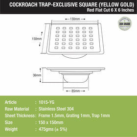 Red Exclusive Square Flat Cut Floor Drain in Yellow Gold PVD Coating (6 x 6 Inches) with Cockroach Trap - LIPKA - Lipka Home