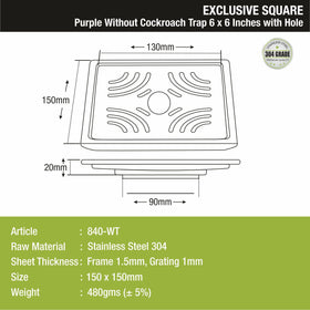 Purple Exclusive Square Floor Drain (6 x 6 Inches) with Hole - LIPKA - Lipka Home