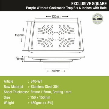 Purple Exclusive Square Floor Drain (6 x 6 Inches) with Hole - LIPKA - Lipka Home