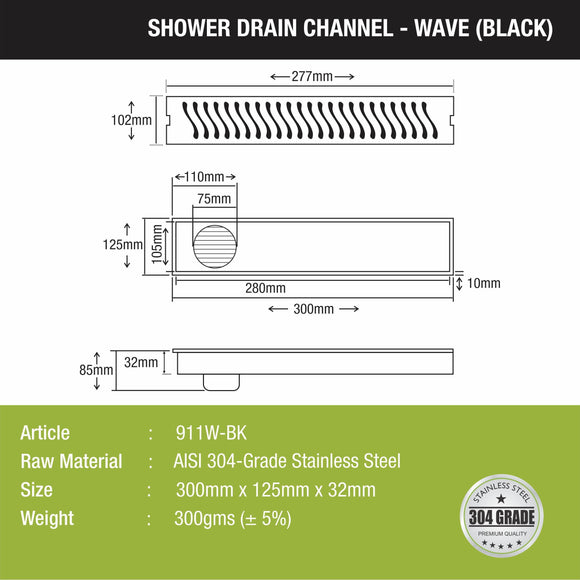 Wave Shower Drain Channel - Black (12 x 5 Inches) - LIPKA - Lipka Home