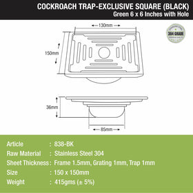 Green Exclusive Square Floor Drain in Black PVD Coating (6 x 6 Inches) with Hole & Cockroach Trap - LIPKA - Lipka Home