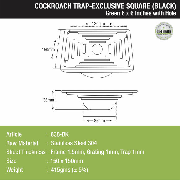 Green Exclusive Square Floor Drain in Black PVD Coating (6 x 6 Inches) with Hole & Cockroach Trap - LIPKA - Lipka Home