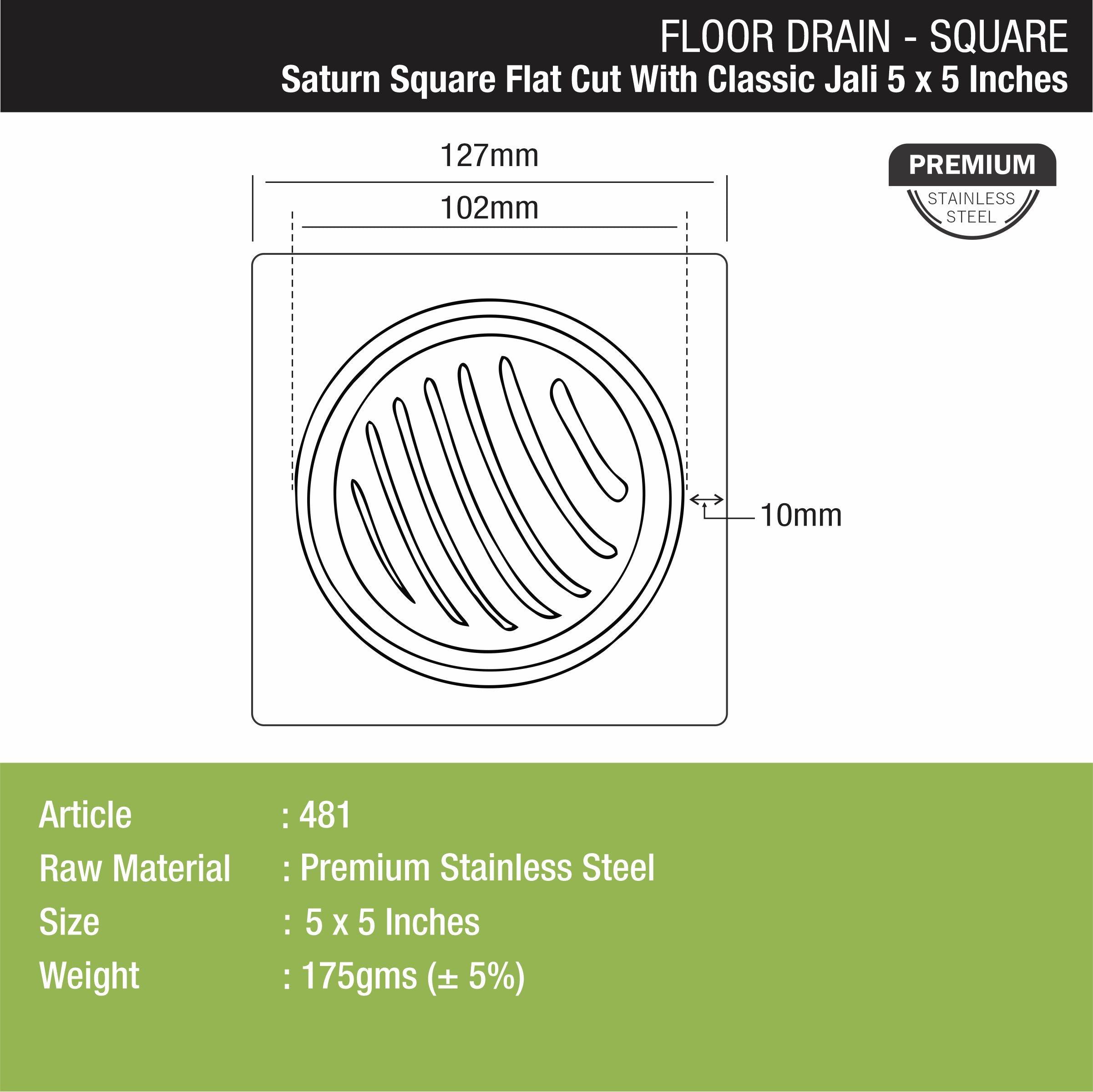 Saturn Square Flat Cut Floor Drain with Classic Jali (5 x 5 Inches) - LIPKA - Lipka Home