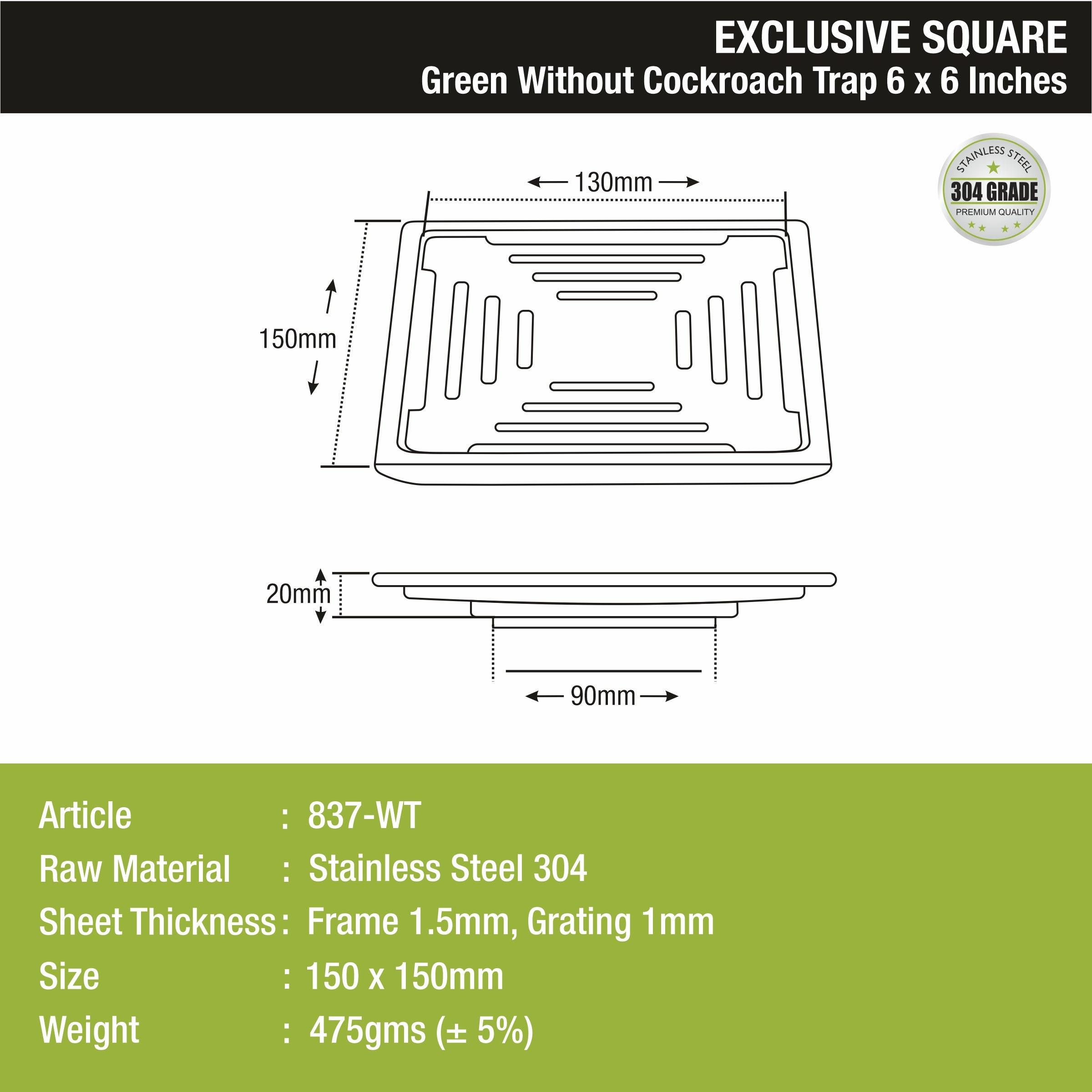Green Exclusive Square Floor Drain (6 x 6 Inches) sizes and dimensions
