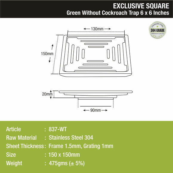 Green Exclusive Square Floor Drain (6 x 6 Inches) - LIPKA - Lipka Home