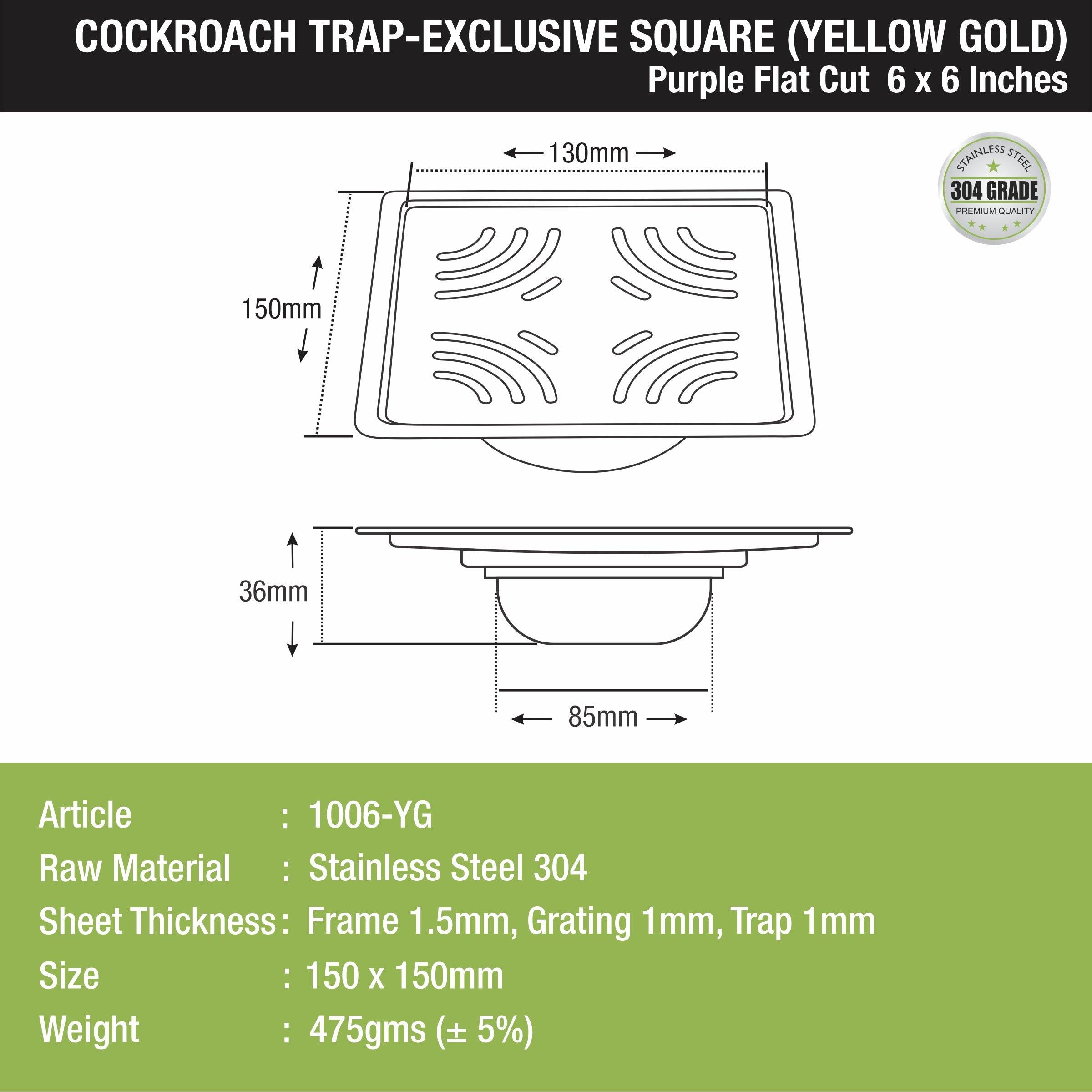 Purple Exclusive Square Flat Cut Floor Drain in Yellow Gold PVD Coating (6 x 6 Inches) with Cockroach Trap - LIPKA - Lipka Home