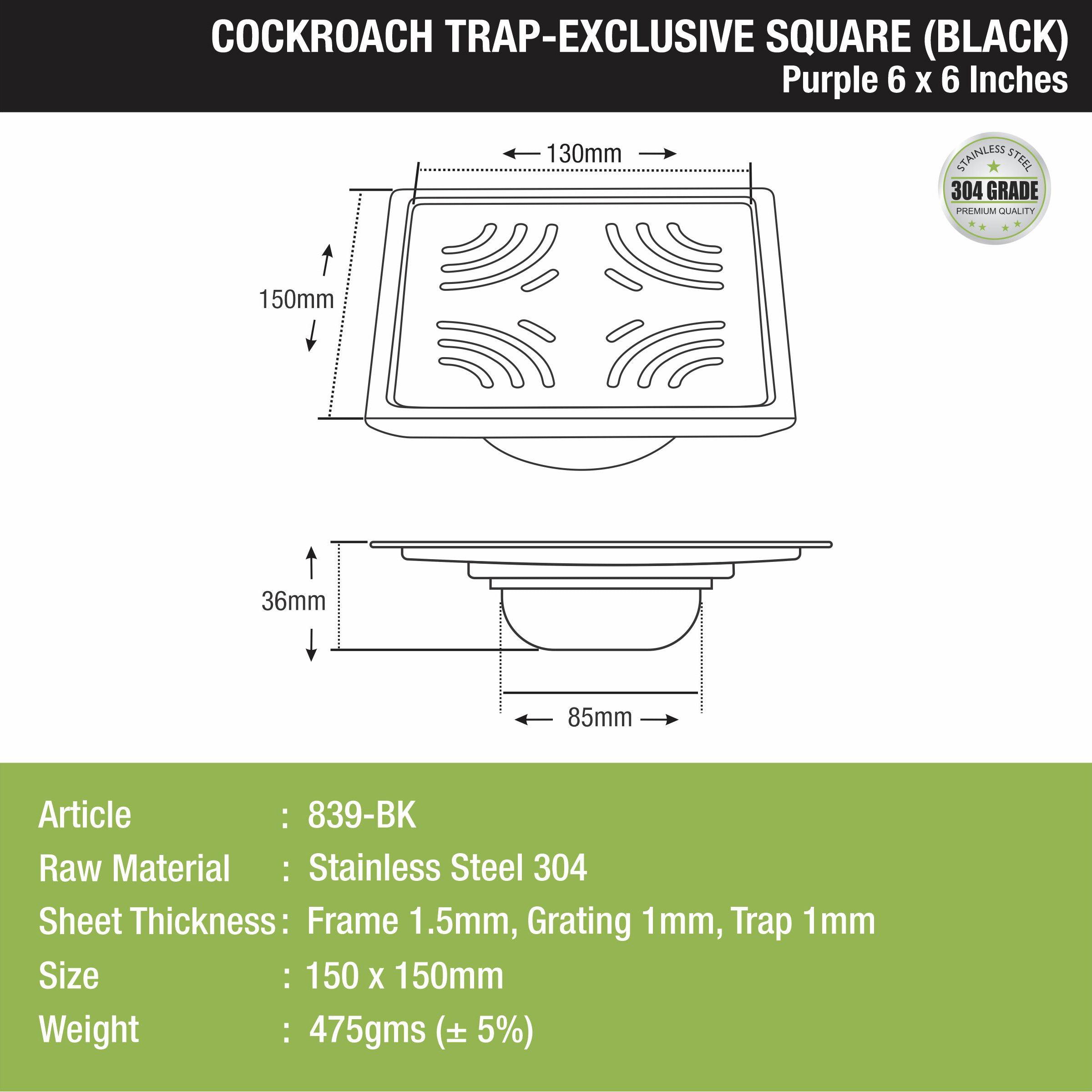 Purple Exclusive Square Floor Drain in Black PVD Coating (6 x 6 Inches) with Cockroach Trap size and measurement