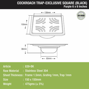 Purple Exclusive Square Floor Drain in Black PVD Coating (6 x 6 Inches) with Cockroach Trap - LIPKA - Lipka Home