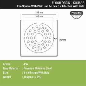 Eon Square Floor Drain with Plain Jali, Lock and Hole (6 x 6 Inches) - LIPKA - Lipka Home