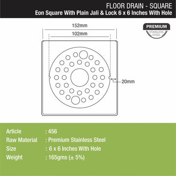 Eon Square Floor Drain with Plain Jali, Lock and Hole (6 x 6 Inches) - LIPKA - Lipka Home