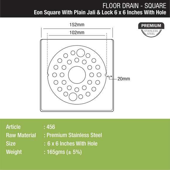 Eon Square Floor Drain with Plain Jali, Lock and Hole (6 x 6 Inches) - LIPKA - Lipka Home