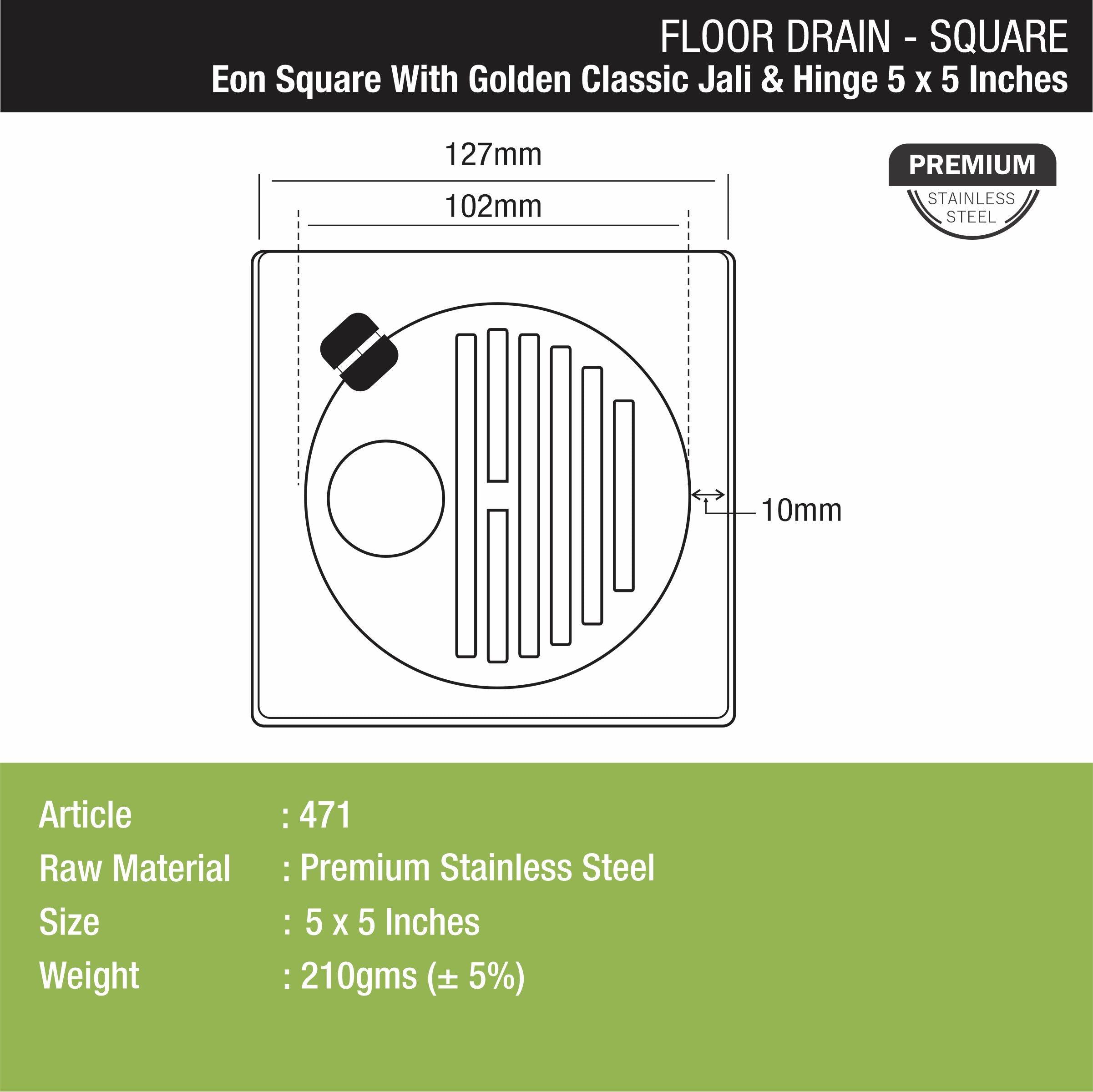 Eon Square Floor Drain with Golden Classic Jali, Hinge and Hole (5 x 5 Inches) - LIPKA - Lipka Home