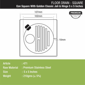 Eon Square Floor Drain with Golden Classic Jali, Hinge and Hole (5 x 5 Inches) - LIPKA - Lipka Home