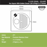 Eon Square Floor Drain with Golden Classic Jali, Hinge and Hole (5 x 5 Inches) - LIPKA