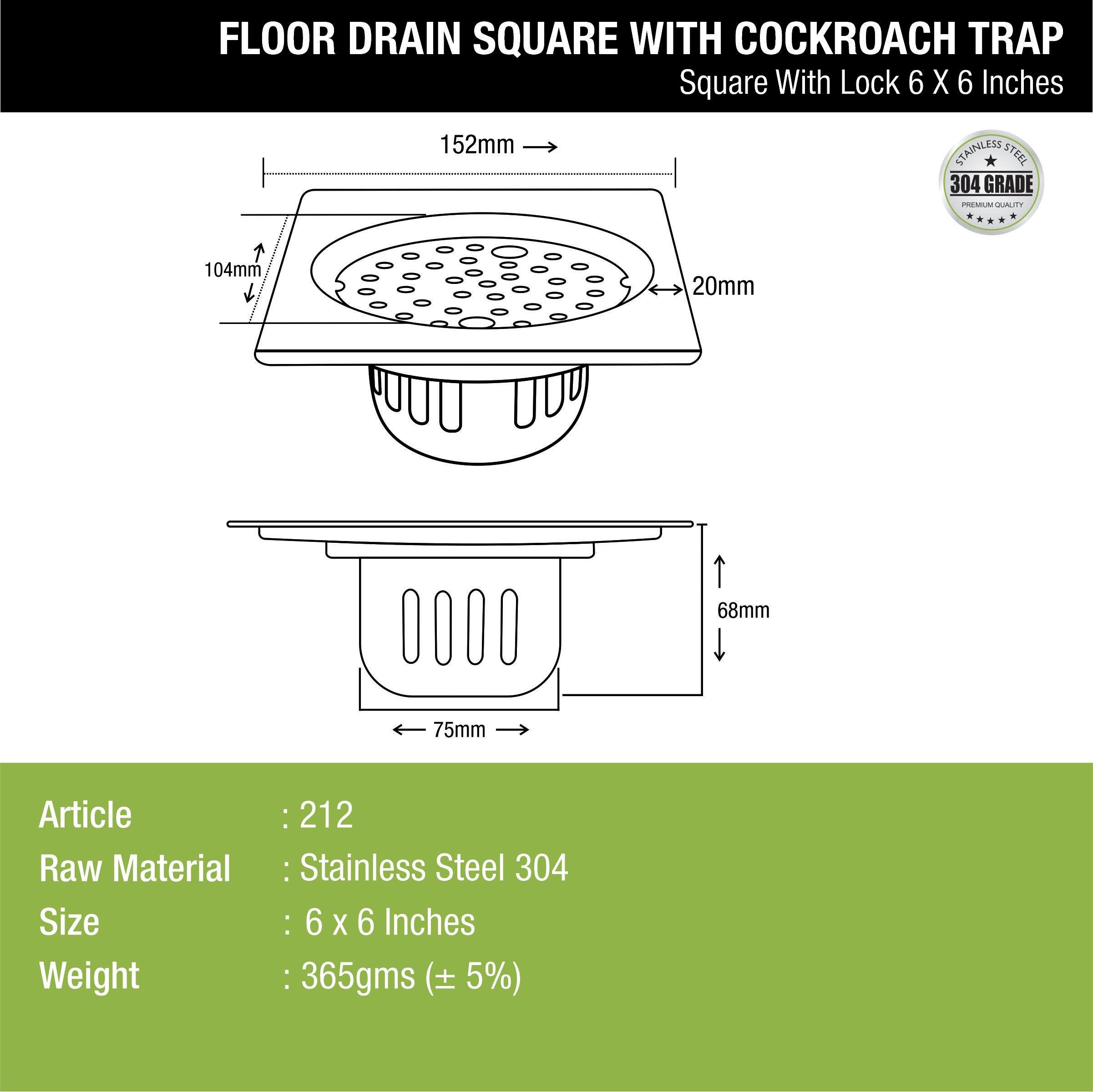 Square Floor Drain (6 x 6 Inches) with Lock and Cockroach Trap - LIPKA - Lipka Home