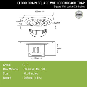 Square Floor Drain (6 x 6 Inches) with Lock and Cockroach Trap - LIPKA - Lipka Home