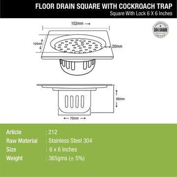 Square Floor Drain (6 x 6 Inches) with Lock and Cockroach Trap - LIPKA - Lipka Home
