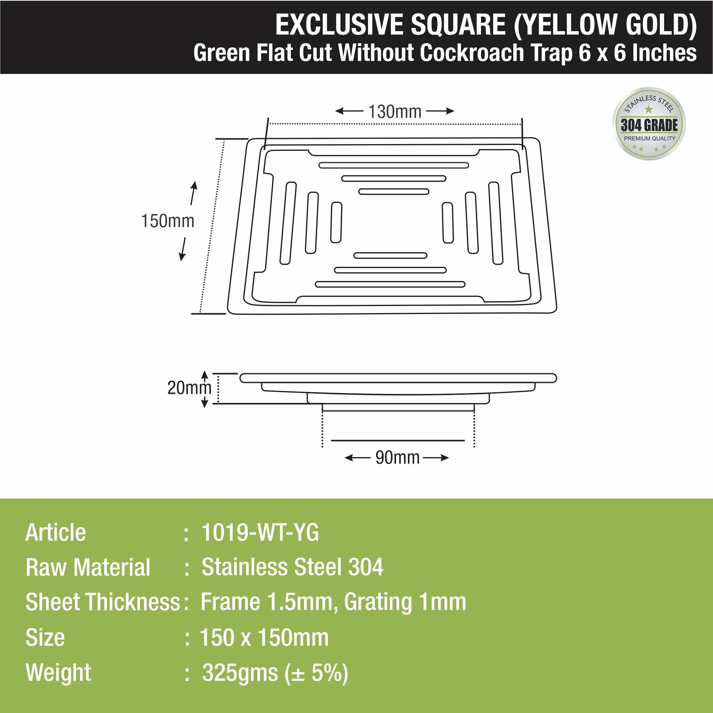 Green Exclusive Square Flat Cut Floor Drain in Yellow Gold PVD Coating (6 x 6 Inches) - LIPKA - Lipka Home