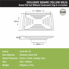 Green Exclusive Square Flat Cut Floor Drain in Yellow Gold PVD Coating (6 x 6 Inches) - LIPKA - Lipka Home