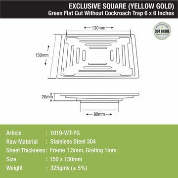 Green Exclusive Square Flat Cut Floor Drain in Yellow Gold PVD Coating (6 x 6 Inches) - LIPKA - Lipka Home