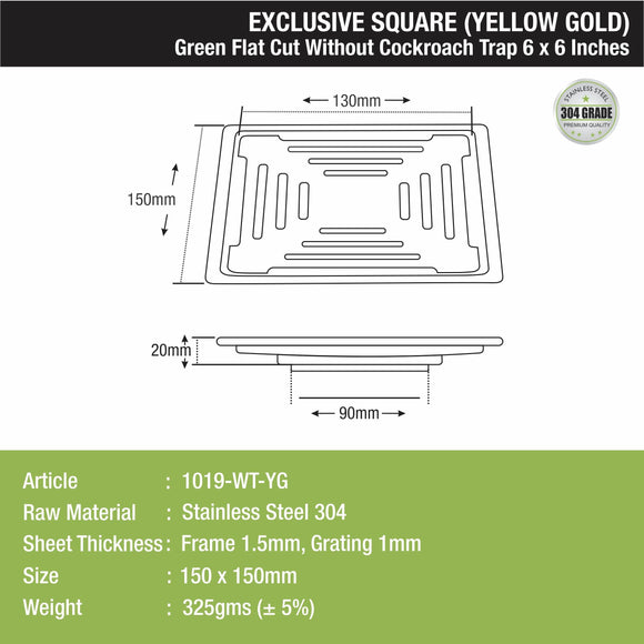 Green Exclusive Square Flat Cut Floor Drain in Yellow Gold PVD Coating (6 x 6 Inches) - LIPKA - Lipka Home