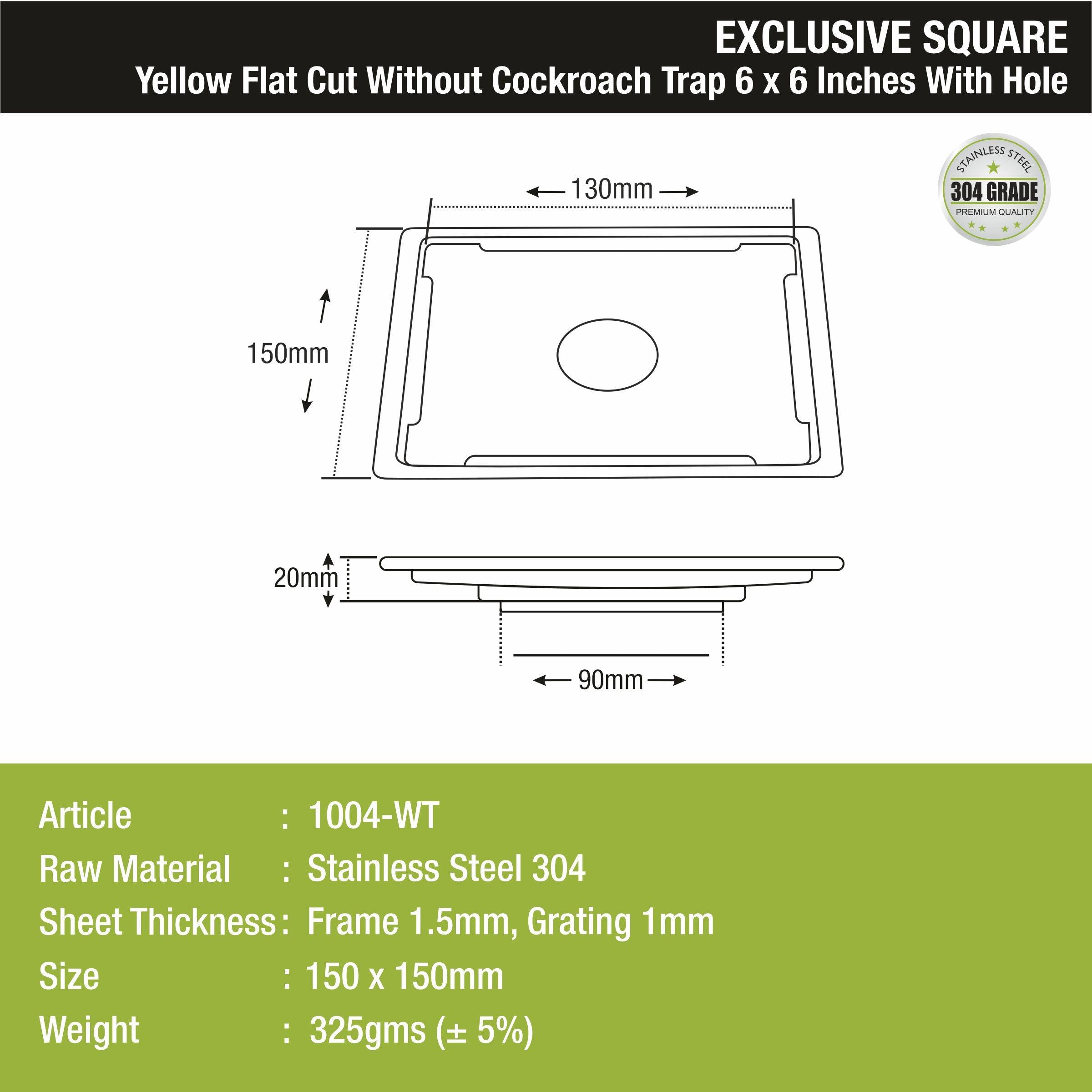 Yellow Exclusive Square Flat Cut Floor Drain (6 x 6 Inches) with Hole - LIPKA - Lipka Home