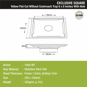 Yellow Exclusive Square Flat Cut Floor Drain (6 x 6 Inches) with Hole - LIPKA - Lipka Home