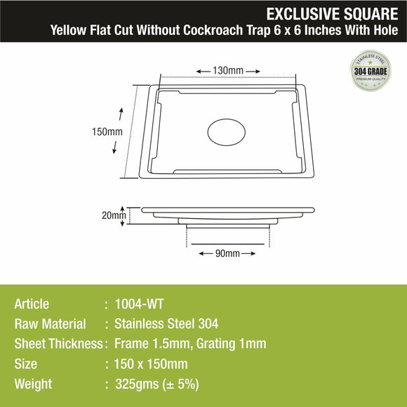 Yellow Exclusive Square Flat Cut Floor Drain (6 x 6 Inches) with Hole - LIPKA - Lipka Home