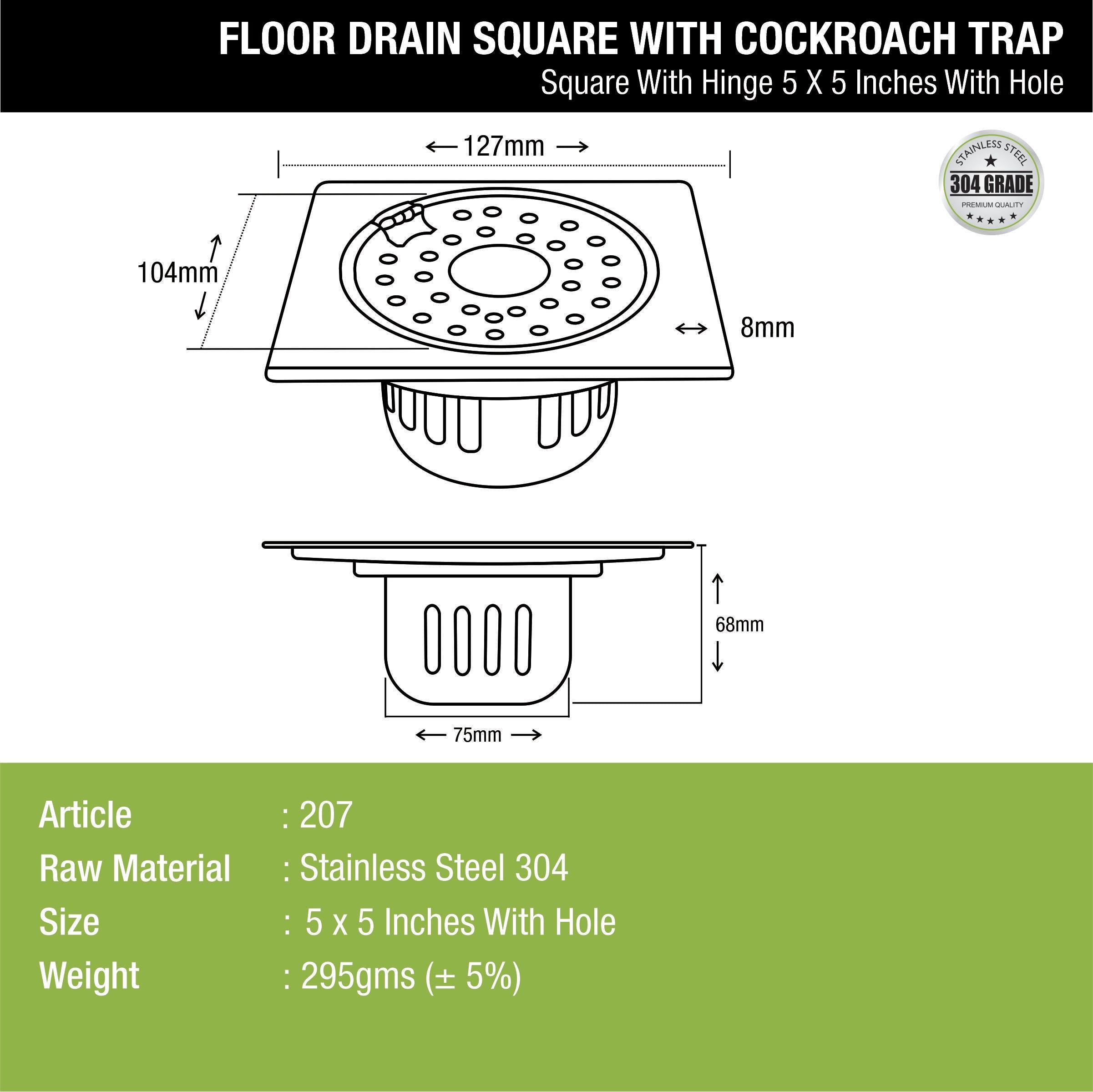 Square Floor Drain (5 x 5 Inches) with Hinge, Hole and Cockroach Trap - LIPKA - Lipka Home