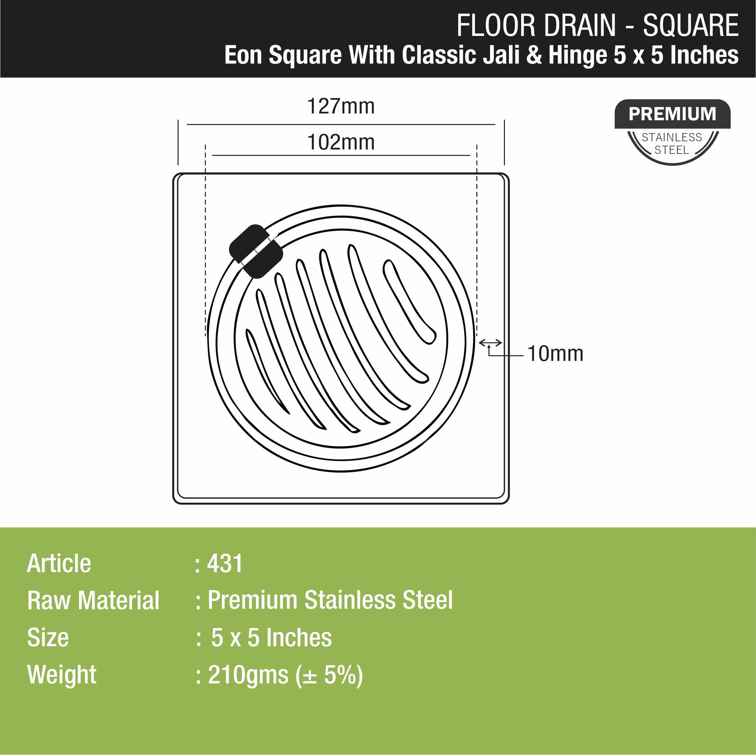 Eon Square Floor Drain with Classic Jali and Hinge (5 x 5 Inches) - LIPKA - Lipka Home