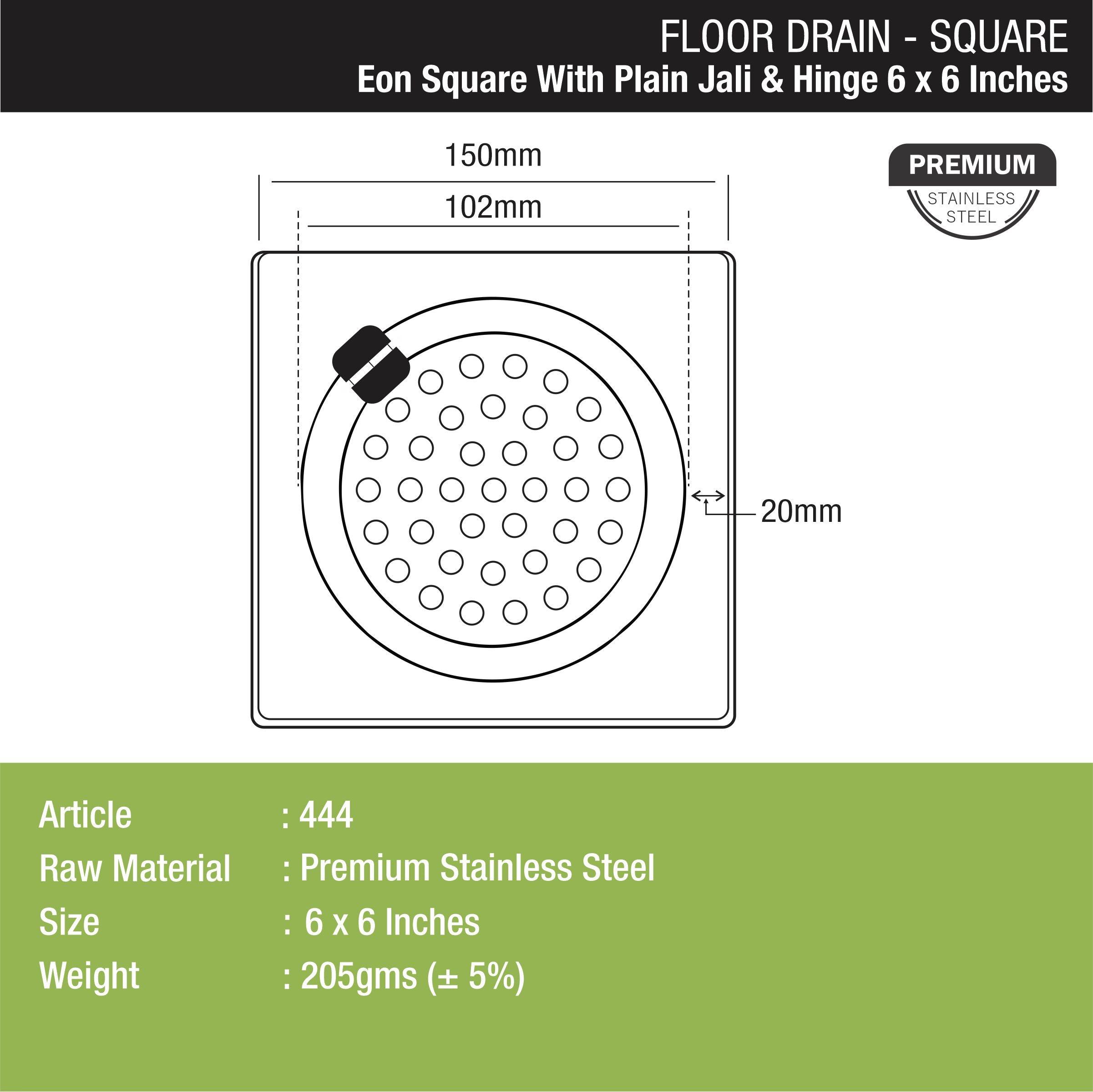 Eon Square Floor Drain with Plain Jali and Hinge (6 x 6 Inches) - LIPKA - Lipka Home