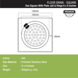 Eon Square Floor Drain with Plain Jali and Hinge (6 x 6 Inches) - LIPKA
