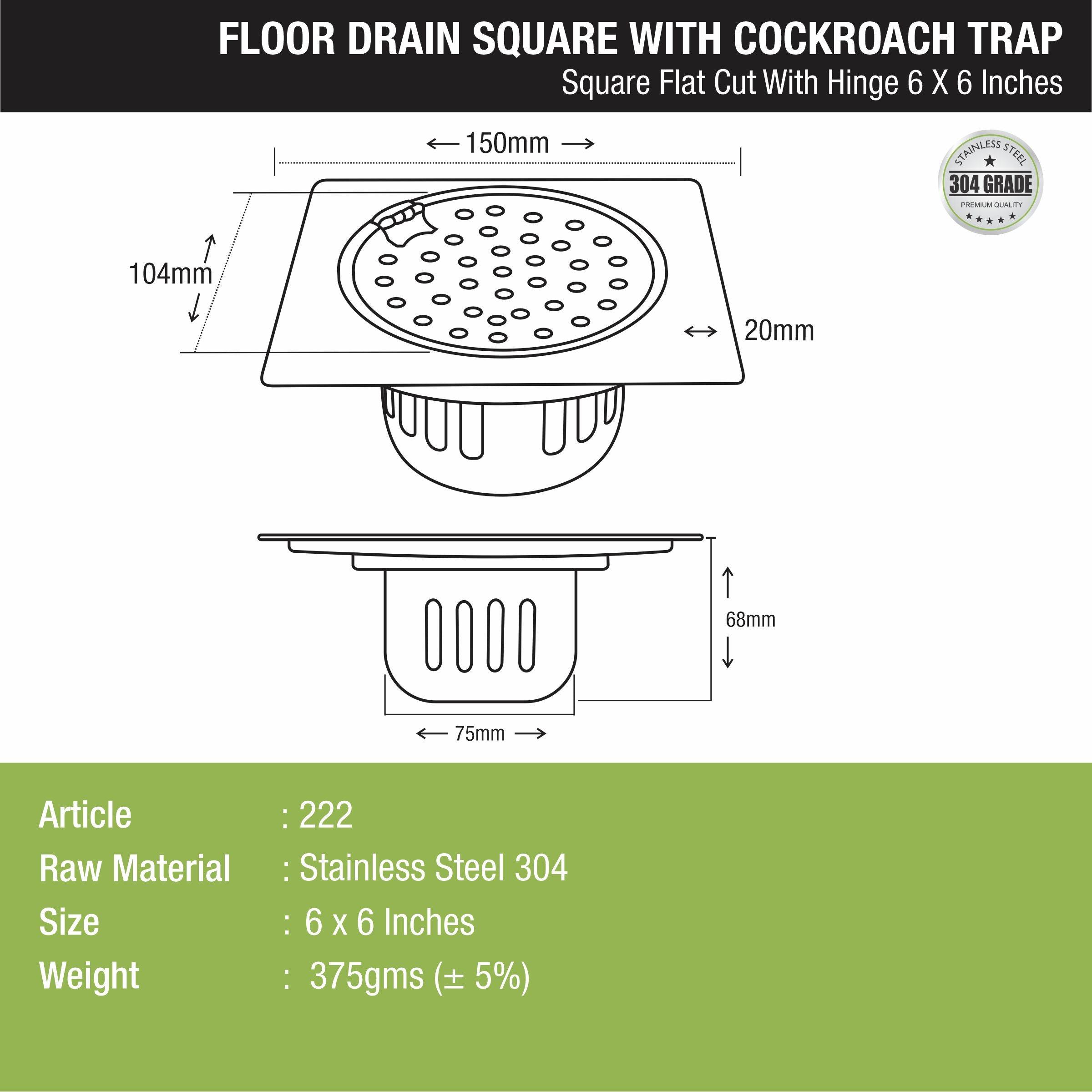 Square Flat Cut Floor Drain (6 x 6 Inches) with Hinge and Cockroach Trap - LIPKA
