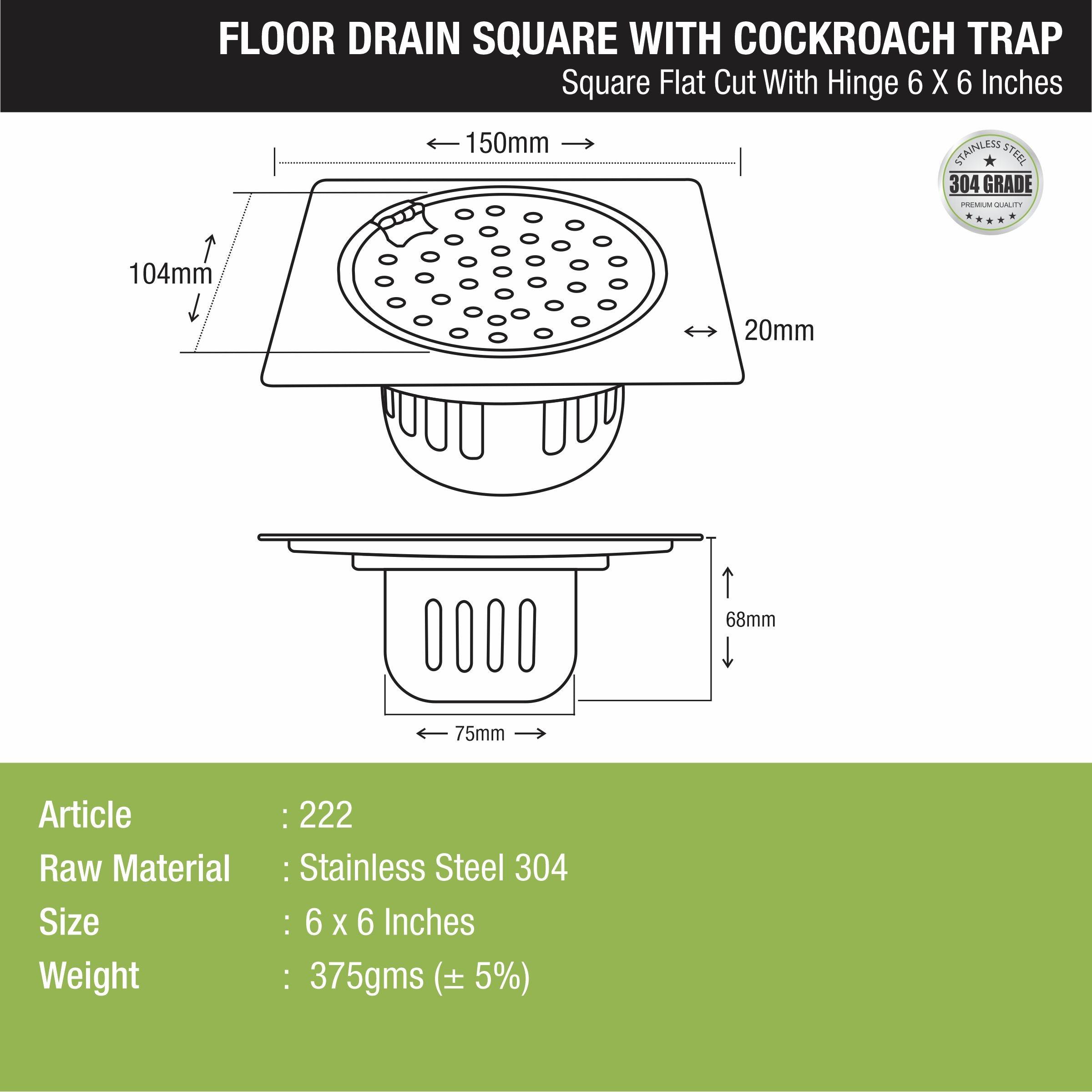 Square Flat Cut Floor Drain (6 x 6 Inches) with Hinge and Cockroach Trap - LIPKA - Lipka Home