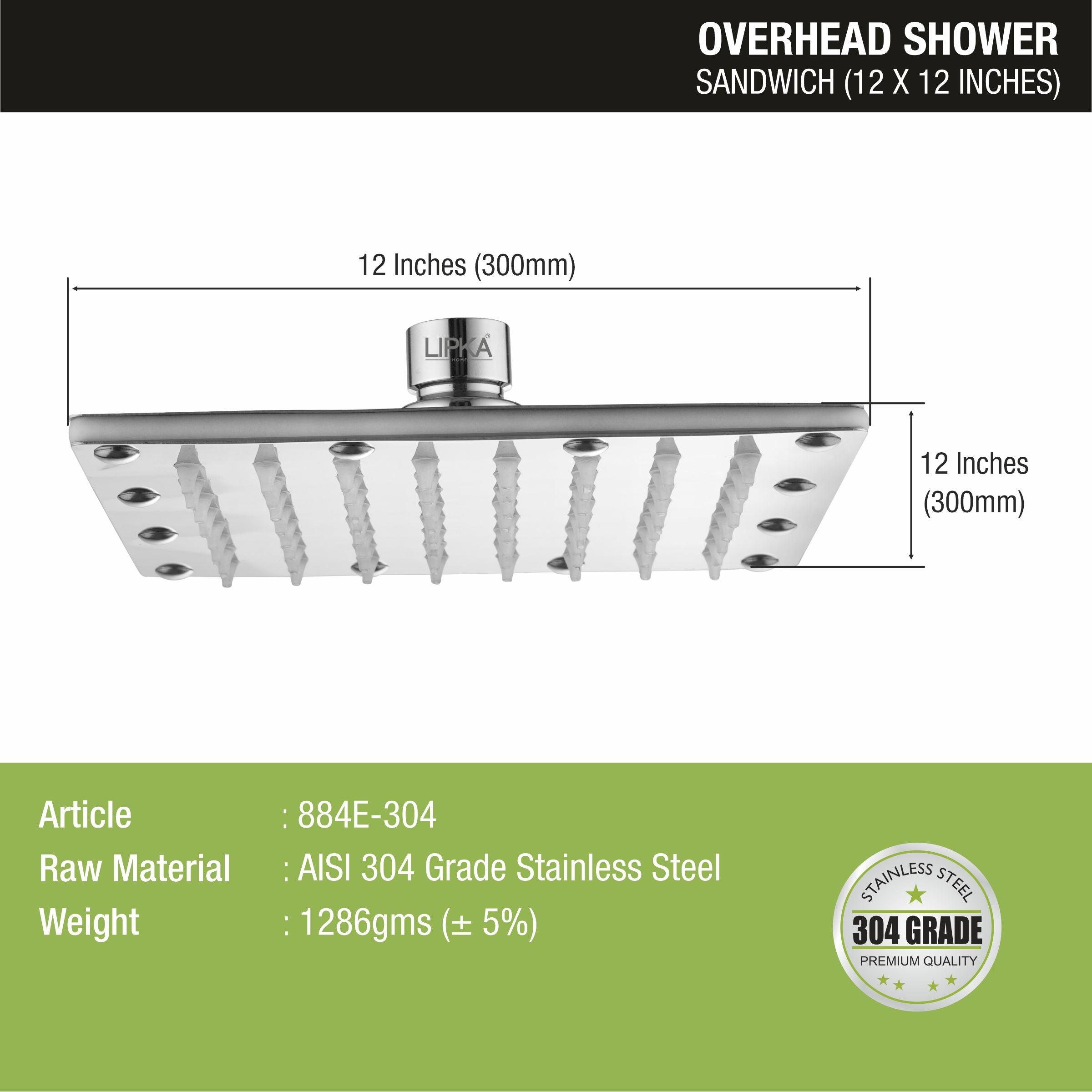 Sandwich 304-Grade Overhead Rain Shower (12 x 12 Inches) dimensions and sizes