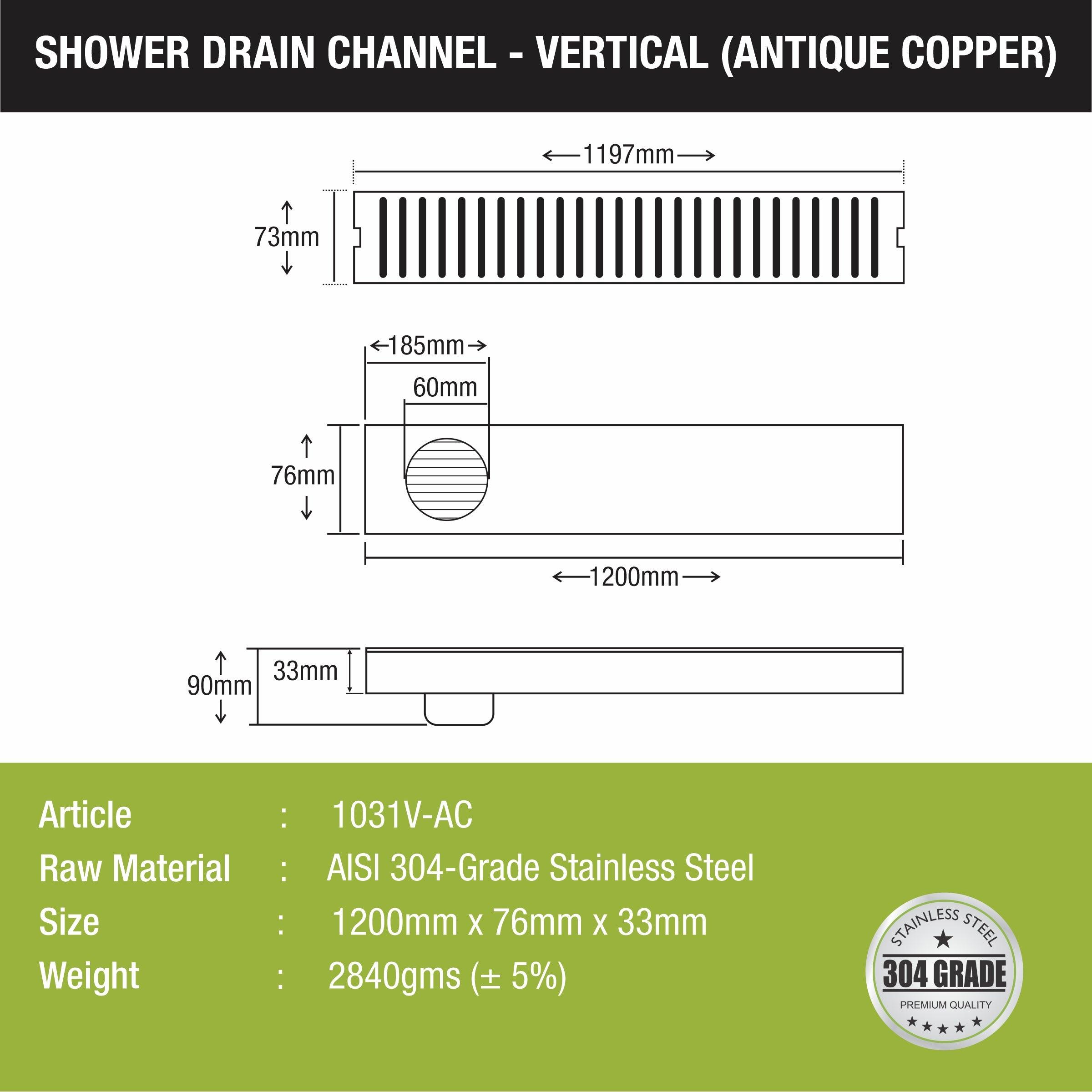 Vertical Shower Drain Channel - Antique Copper (48 x 3 Inches) - LIPKA - Lipka Home