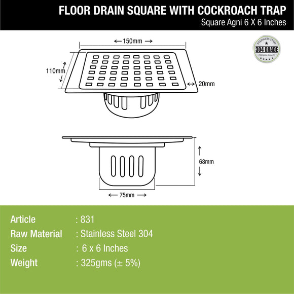 Agni Square Floor Drain (6 x 6 Inches) with Cockroach Trap- LIPKA - Lipka Home