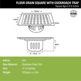 Agni Square Floor Drain (6 x 6 Inches) with Cockroach Trap- LIPKA