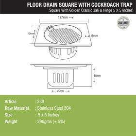 Golden Classic Jali Square Floor Drain (5 x 5 Inches) with Hinge and Cockroach Trap - LIPKA - Lipka Home