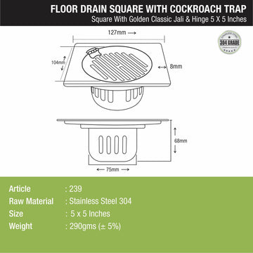 Golden Classic Jali Square Floor Drain (5 x 5 Inches) with Hinge and Cockroach Trap - LIPKA - Lipka Home