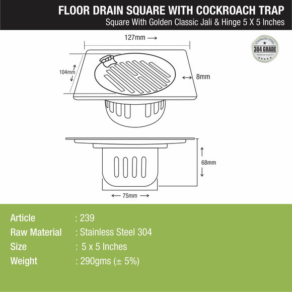 Golden Classic Jali Square Floor Drain (5 x 5 Inches) with Hinge and Cockroach Trap - LIPKA - Lipka Home