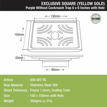 Purple Exclusive Square Floor Drain in Yellow Gold PVD Coating (6 x 6 Inches) with Hole - LIPKA - Lipka Home