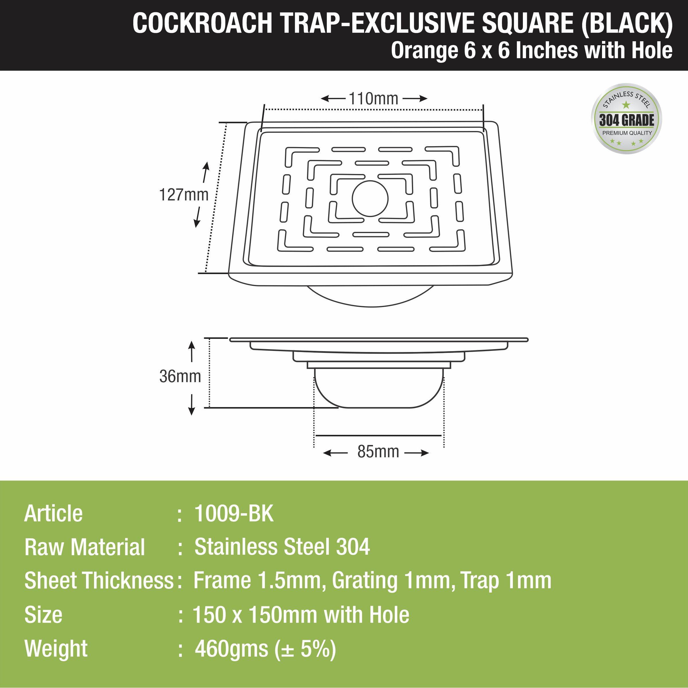 Orange Exclusive Square Floor Drain in Black PVD Coating (6 x 6 Inches) with Hole & Cockroach Trap size and measurement
